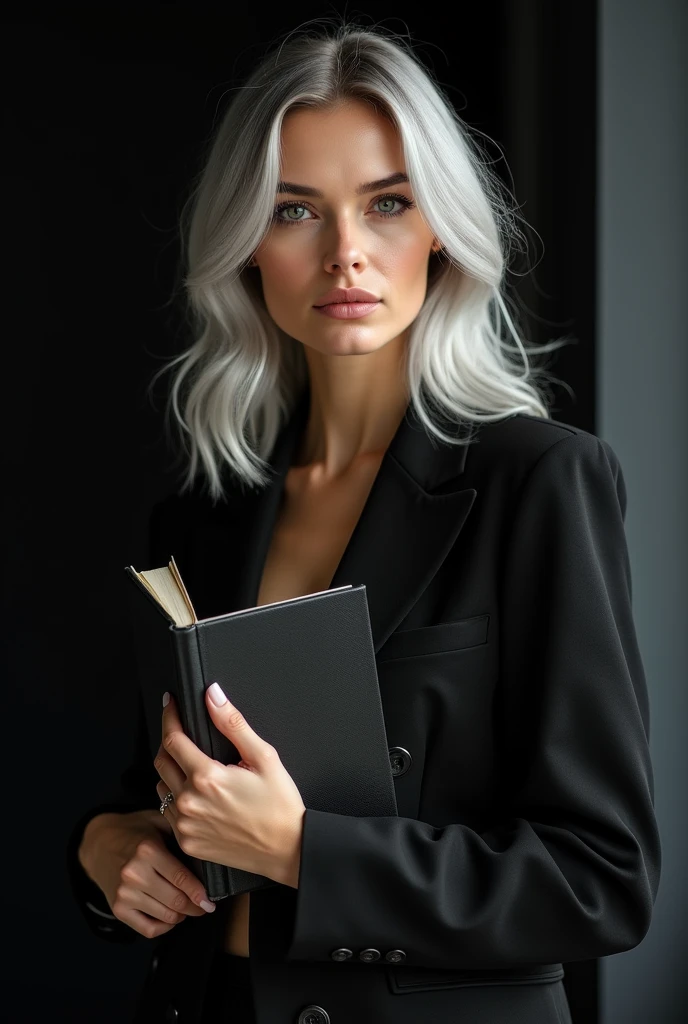 Beautiful Russian girl with white skin, light gray hair below the shoulders, soft, flowing facial features, girl model, dasha taran, professional photo, 4K, a high resolution, high detail, aesthetically pleasing, Beautiful, realistic, standing straight, looks straight, holds a black book, against the backdrop of a black living room, (highly detailed skin:1.2), 8k contract, SLR camera, very detailed face, artistic composition, photo,