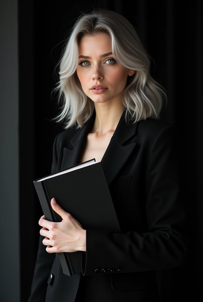 Beautiful Russian girl with white skin, light gray hair below the shoulders, soft, flowing facial features, girl model, dasha taran, professional photo, 4K, a high resolution, high detail, aesthetically pleasing, Beautiful, realistic, standing straight, looks straight, holds a black book, against the backdrop of a black living room, (highly detailed skin:1.2), 8k contract, SLR camera, very detailed face, artistic composition, photo,
