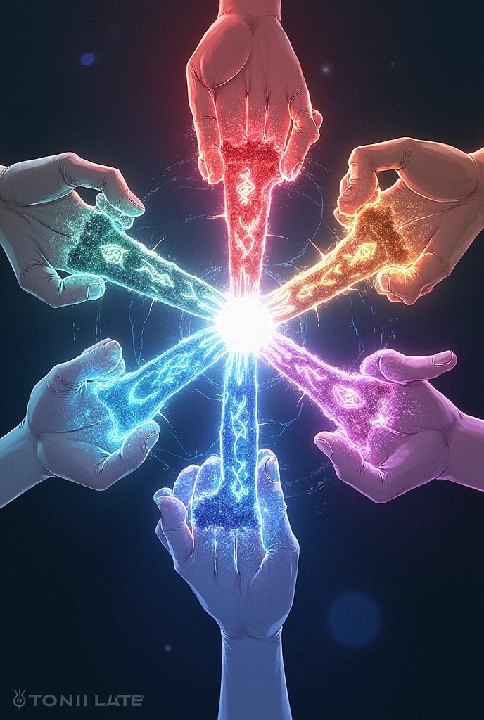 'Ryōiki Tenkai' written in the middle and around it i would like to have Yuji Itadori's, Gojo Satoru's, Megumi Fushiguro's, Hiromi Higuruma's and Kinji Hakari's Domain expansion hand signs.