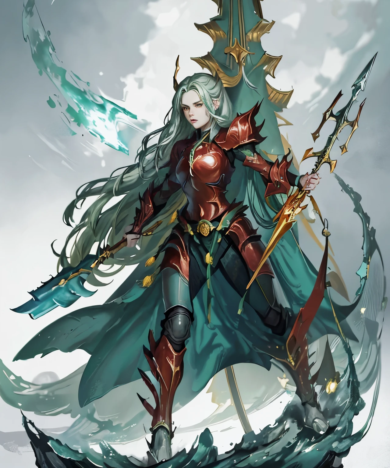anime style, 37 year old woman, strong, long green hair, small bars on her head, wearing heavy armor, silver armor with small red details, silver armor, red cape, red eyes, greaves and plates covering her body, holding a spear protecting herself with a tower shield.