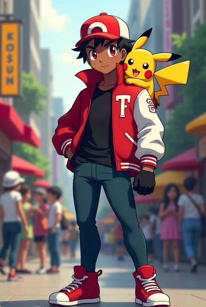 A dark-skinned Pokémon trainer, red eyes and white hair, wearing a black shirt, a red jacket with white sleeves, black gloves with fingers showing, a red cap with white details, dark blue jeans and red sneakers, carrying a Pikachu on his shoulder