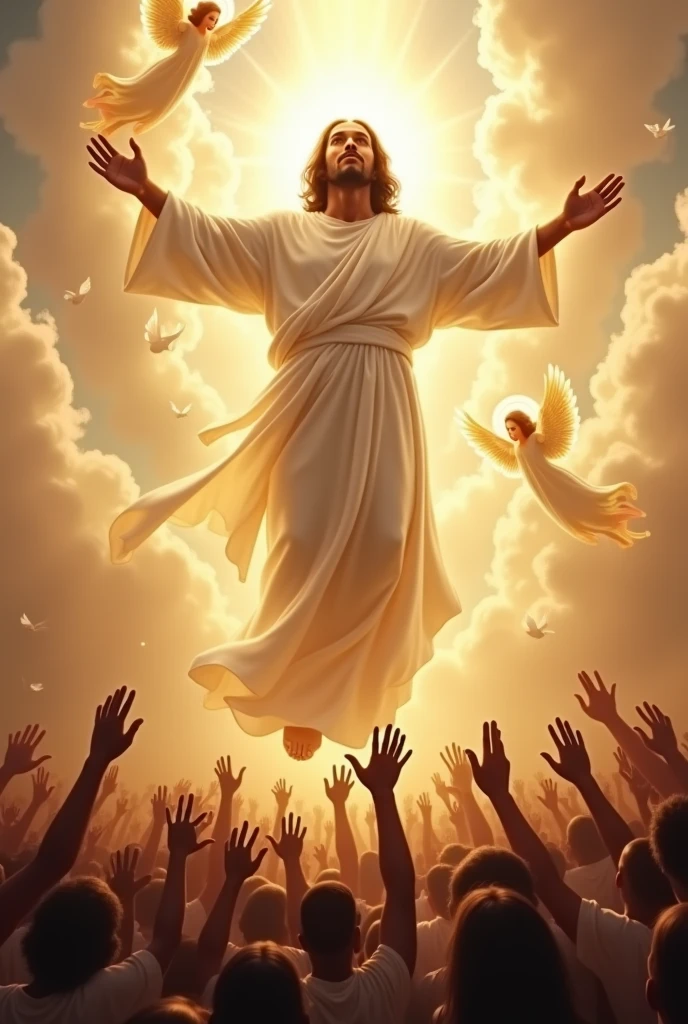 Black Jesus Christ in white robes appearing the whole body with a crown in all his glory. With angels desending down from heaven with black Jesus. Also peoples down on earth raising there hand to reach out to christ our God. 