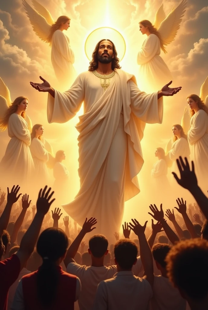 Black Jesus Christ in white robes appearing the whole body with a crown in all his glory. With angels desending down from heaven with black Jesus. Also peoples down on earth raising there hand to reach out to christ our God.