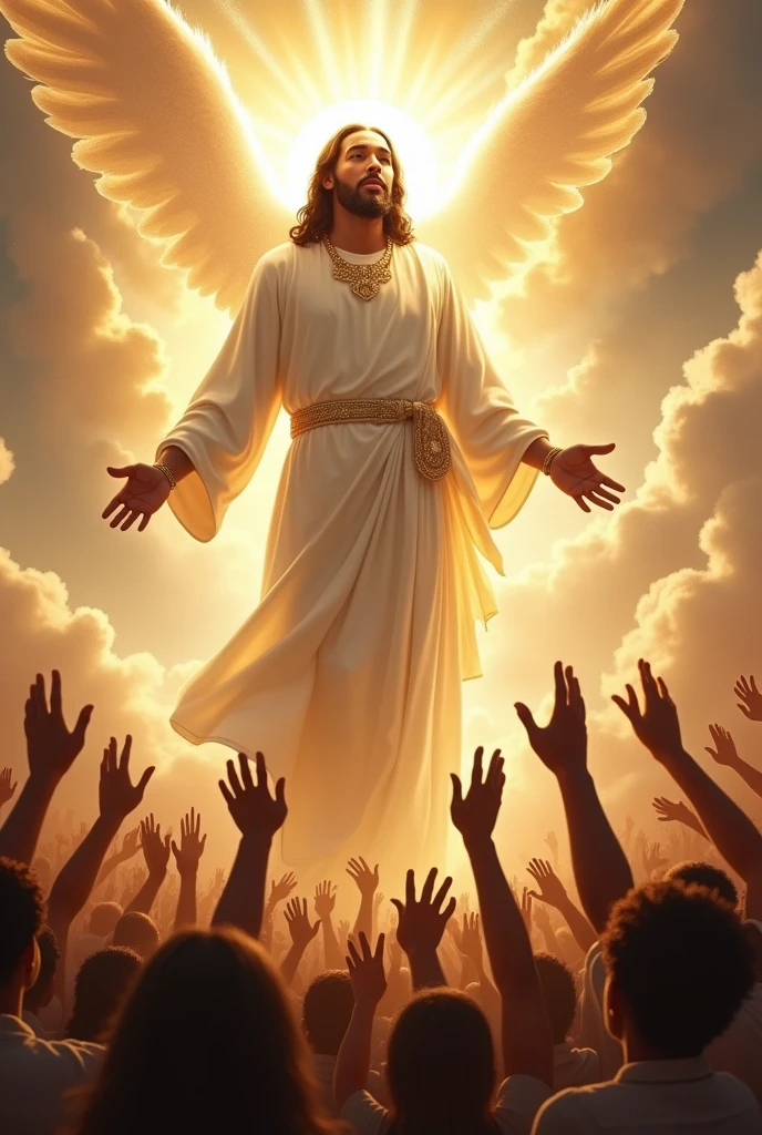 Black Jesus Christ in white robes appearing the whole body with a crown in all his glory. With angels desending down from heaven with black Jesus. Also peoples down on earth raising there hand to reach out to christ our God.