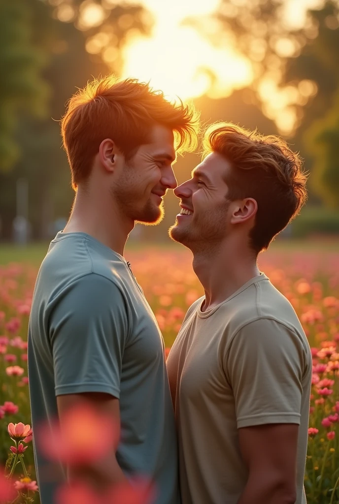 A red-haired man with his brown-haired male partner beside him