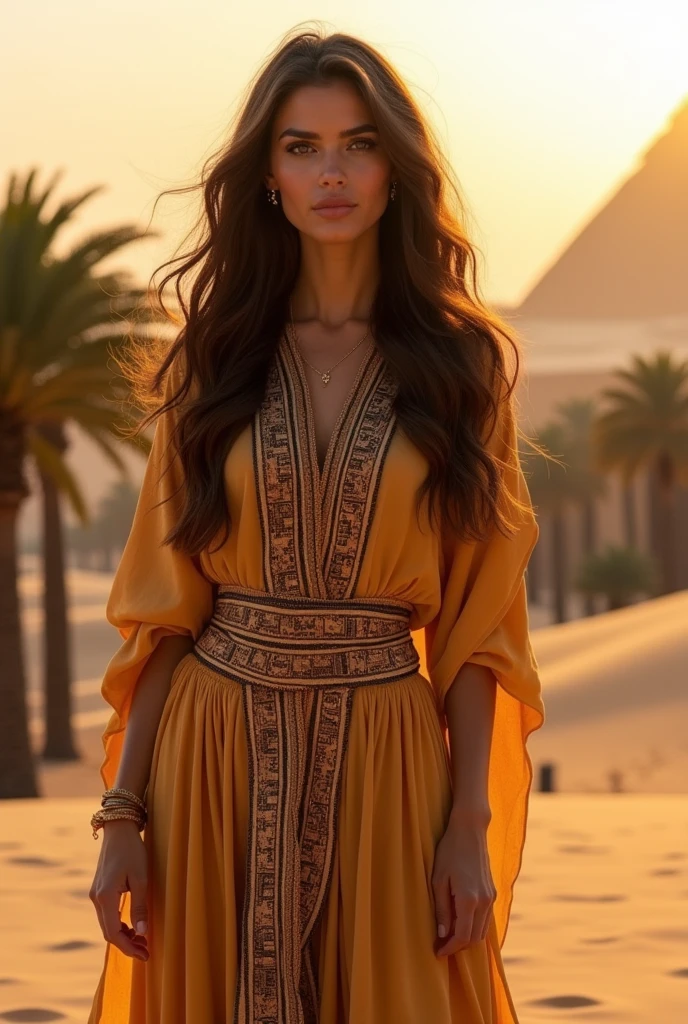 an Egyptian woman with long brown wavy hair