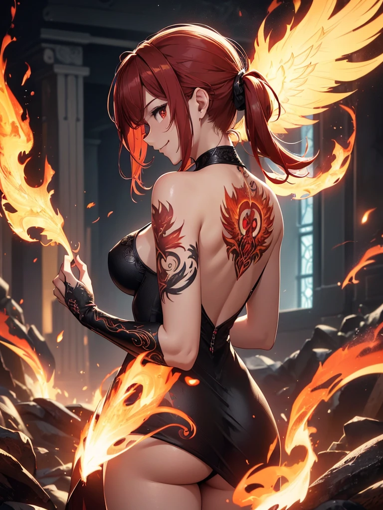 (((best quality, sharp image, clear image, cinematic lighting, 8k resolution, masterpiece, ultra detailed, intricate))) Girl, (((looking over left shoulder))), (shot from behind), ((shot from hip up)), fiery red hair, pigtails, ((intricate black dress)), ((flaming sigils, flaming runes)), spiky rock formations, (flaming lotus flowers frame), (intricate background), (chaotic background), (busy background), ((Phoenix)), (swirling flames), smiling,tatoo on back