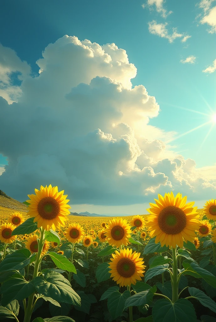 sunflower,huge cloud,beautiful field,dramatic lighting,fantasy,cinematic,vibrant colors,wonderland,surreal landscape,dramatic sky,ethereal,serene,dreamlike,photorealistic,8k,highly detailed,masterpiece