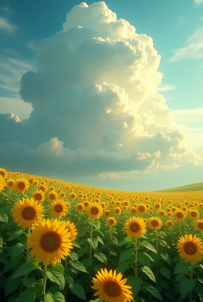 sunflower,huge cloud,beautiful field,dramatic lighting,fantasy,cinematic,vibrant colors,wonderland,surreal landscape,dramatic sky,ethereal,serene,dreamlike,photorealistic,8k,highly detailed,masterpiece