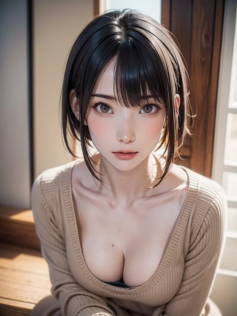 Realistic, Like the picture, Tabletop, Highest quality, RAW Photos, One Girl, alone, short hair, Brown Hair, Detailed face, Attractive face, Beige virgin sweater, breasts apart, Dynamic pose, (from above, looking up at viewer:1.2), From below, Detailed Background, Fine details, Intricate details, Ray Tracing, Depth of written boundary, Low Key, Hmph, Japanese