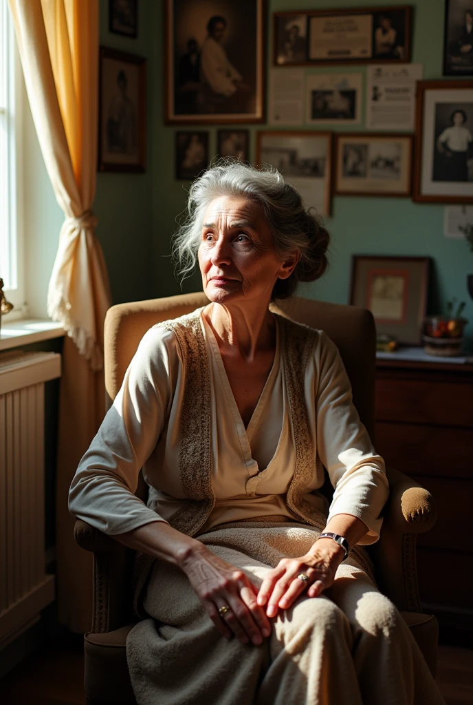 She has a bandage on her right foot, which is injured.
Her hair is long and tied back.
She used to be an actress in her younger days.。
65-year-old elderly woman
