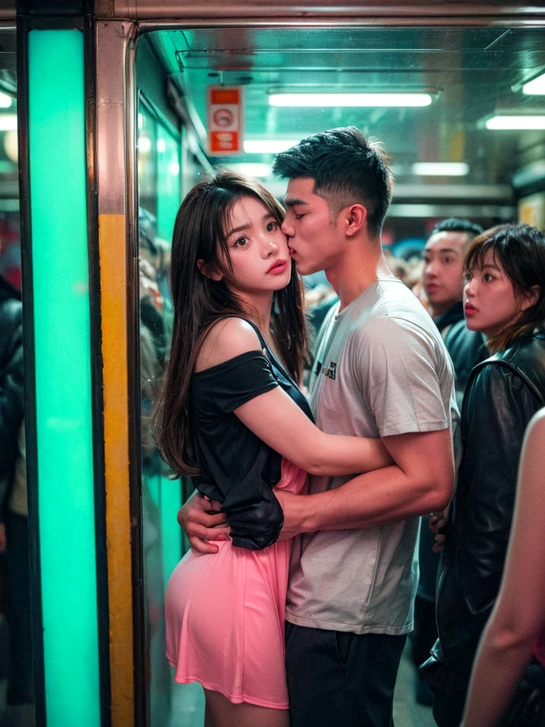 A candid shot on the subway station, (behind a glass shot:1.2), (best quality:1.5), japanese, (1man and 1girl), 25y a man in casual cloth with short black hair, 25y sweet and chubby girl in pink slipdress and sneakers, take a photo couple in a crowded subway station, a man carrying a girl thighs with his arms then giving sex kiss, she has messy mid long bang hair, (carrying posing:1.3), real couple, (having sex:1.3), 120 film looks, (neon light reflection in glass surface:1.3), (very close crowded:1.4), (motion blur:1.2), ambient lighting, night, detailed face and eyes, detailed nose and lips, very highly detailed, surreal view, (sharp focus:1.3), (perfect anatomy:1.3), shot by mamiya analog film, (aesthetic photography:1.3), (dynamic wide angle:1.3)