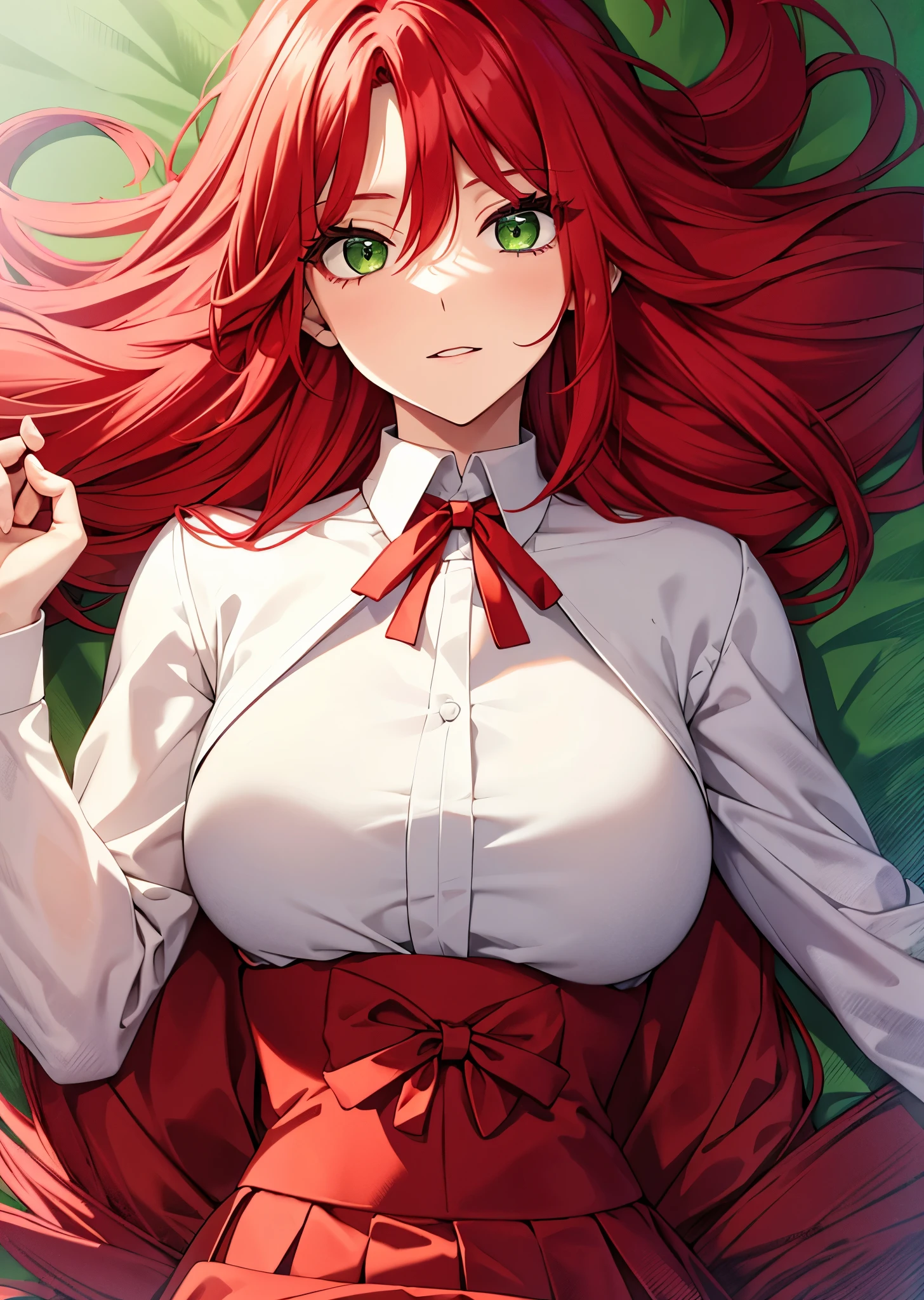 1girl,amy, long hair, red hair, green eyes, suit with long skirt, white shirt