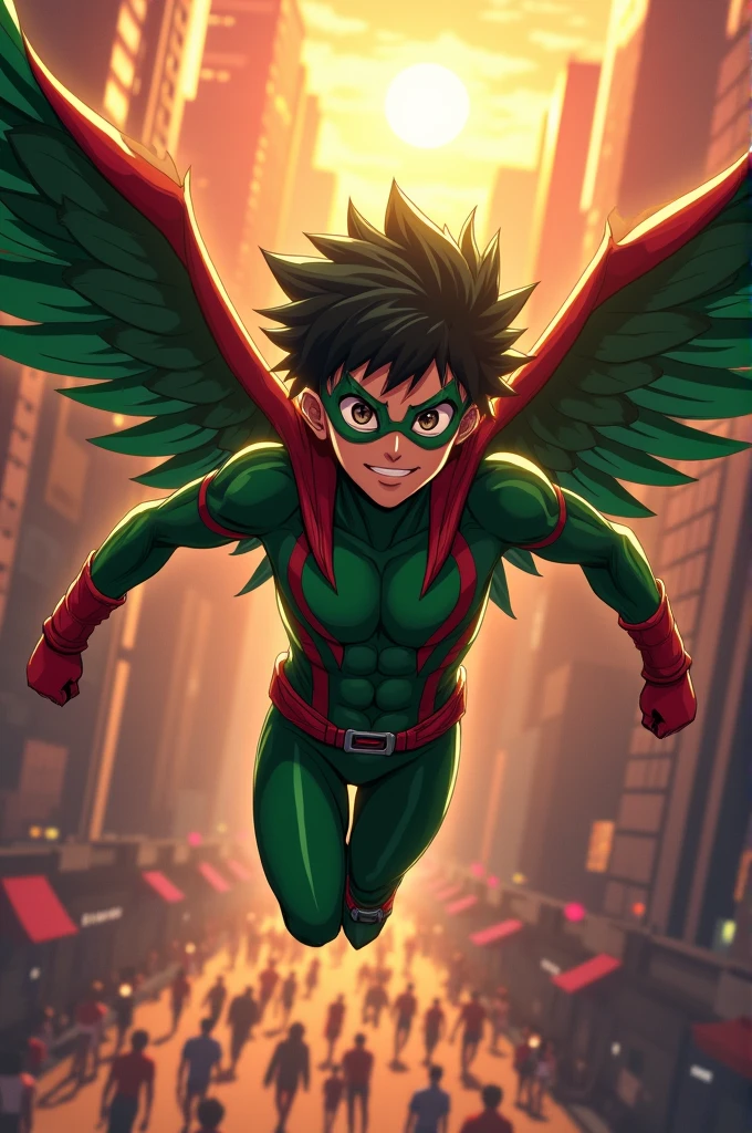 Create a superhero like Hawks from My Hero Academia , that your suit has the colors green and red and is My Hero Academia style 