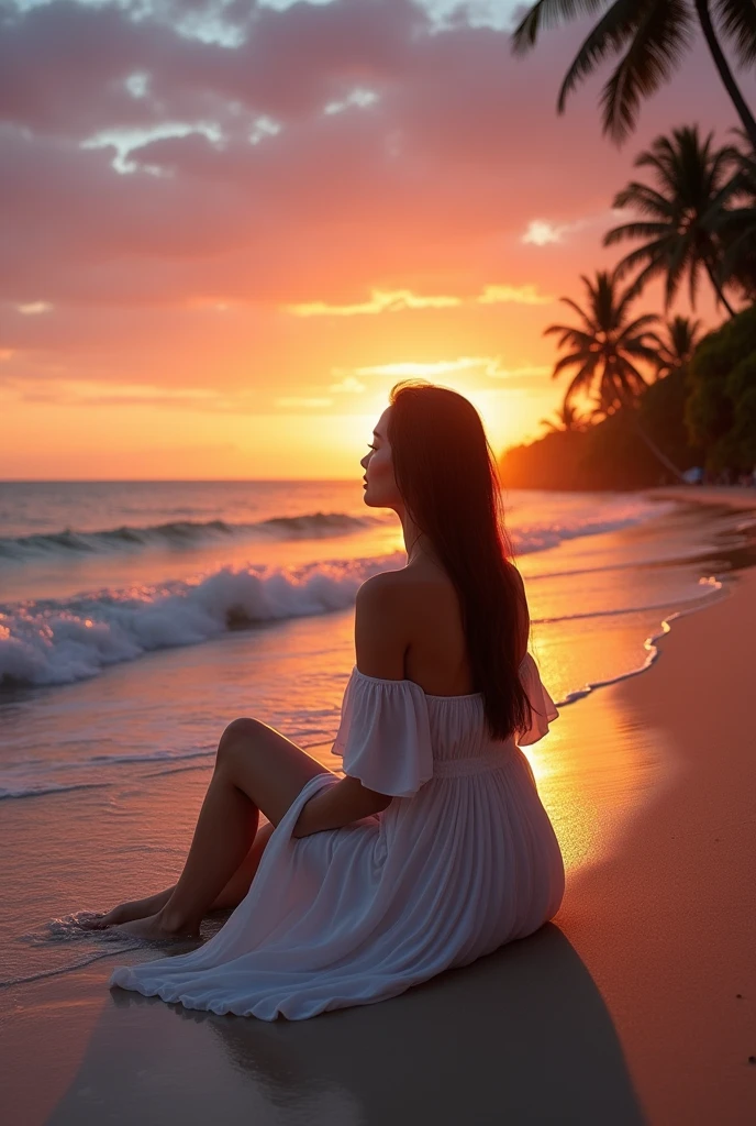 A 25 year girl seat in sea side with off shoulder dress and see the sun set