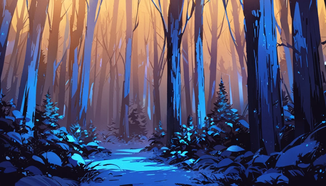 A dark pine forest at night, dense, blue colors, night
