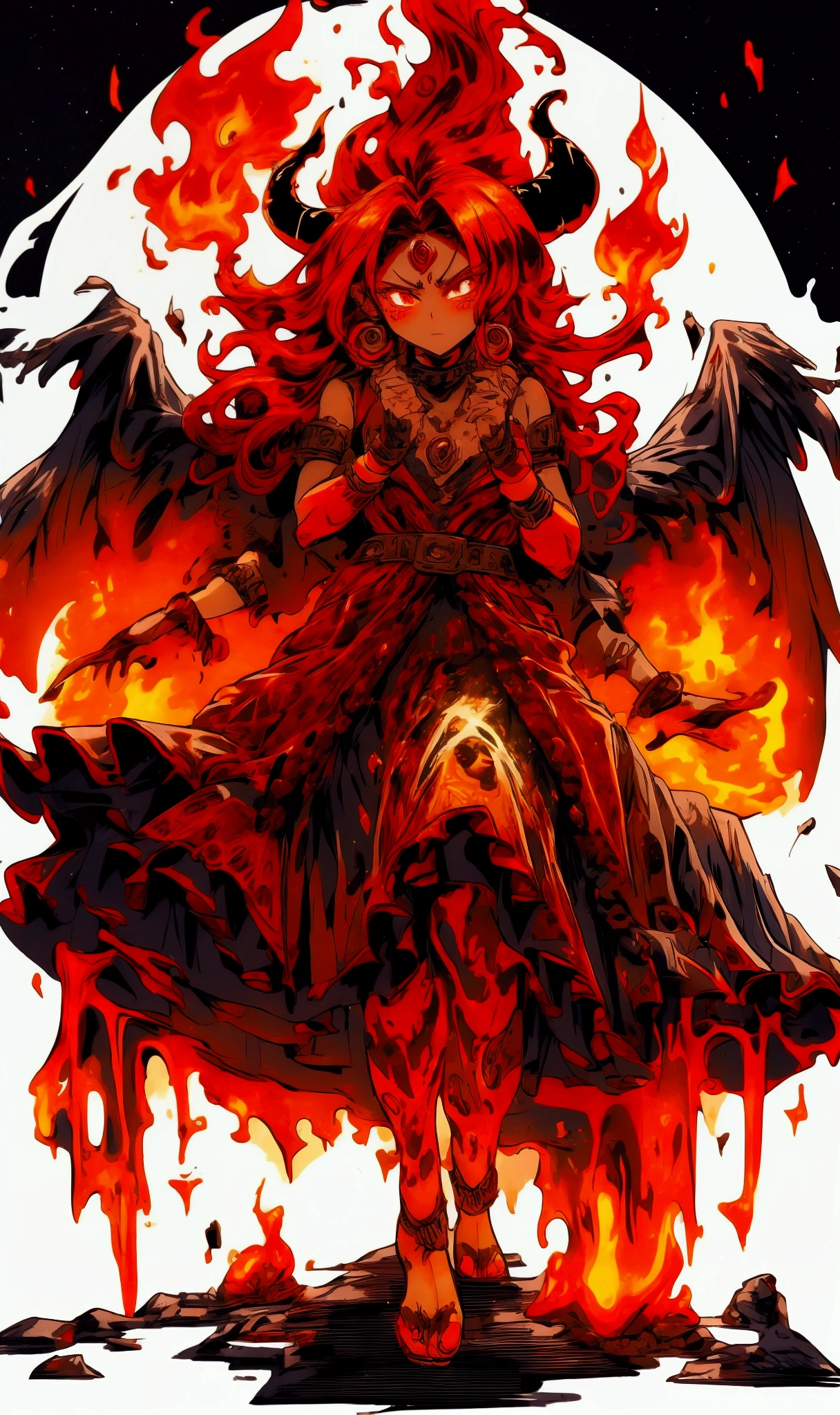 female lava shaman, dynamic pose, molten lava background, fiery eyes, angry expression, aztec shaman fire dress, fiery black and flames clothing, black magma, fighter shaman, king fu pose