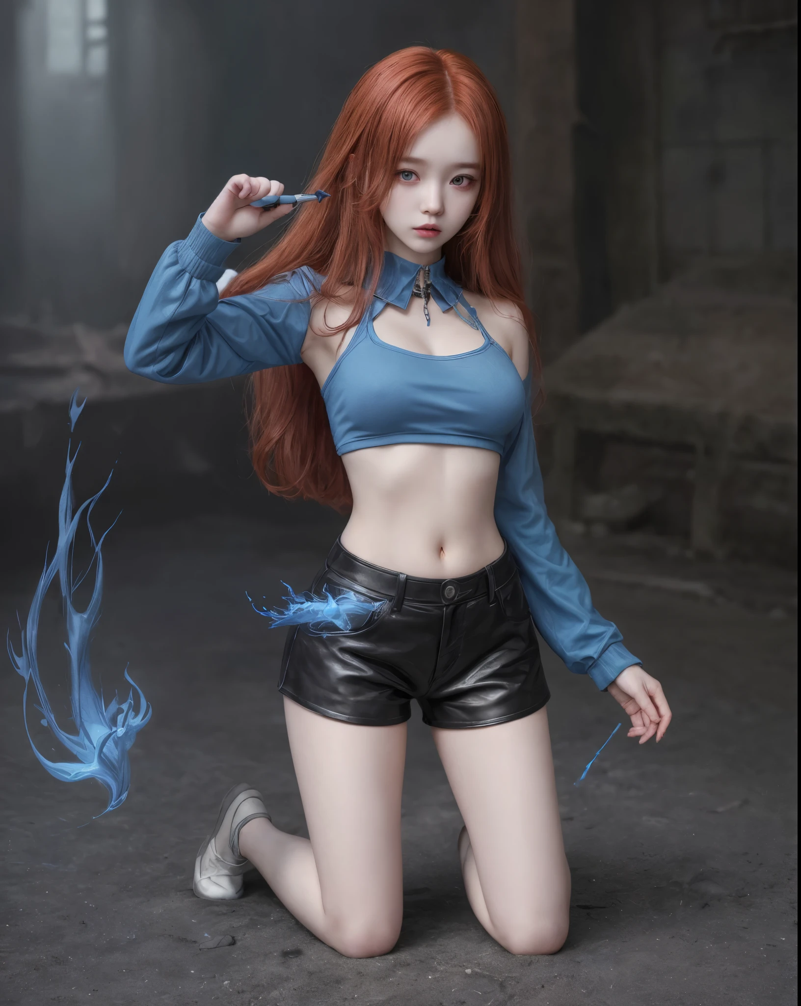 young girl, kim chaewon as a sexy young girl, full body view, fullbody, full body, kim chaewon is a girl, 1girl, fantasy gothic city background, kim chaewon, girl, small breast, figure, long red hair, red eyes, face front, tight fantasy outfit, belly exposed, legs exposed, leather shorts, emotional face, make up, masterpiece, best quality, female sorcerer, blue fire power, blue fire around her, create blue fire from hands