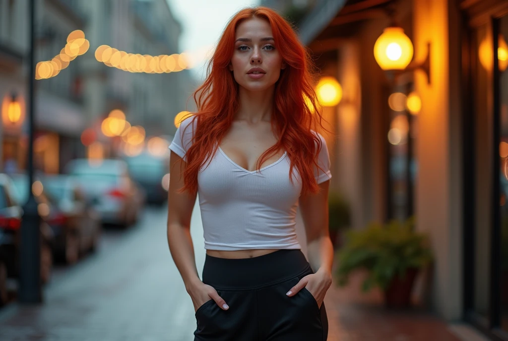 1 girl, high resolution, long deep red hair, big breasts, perfect body in white shirt and short jeans in the city, air above head, proffesional photo, Instagram model