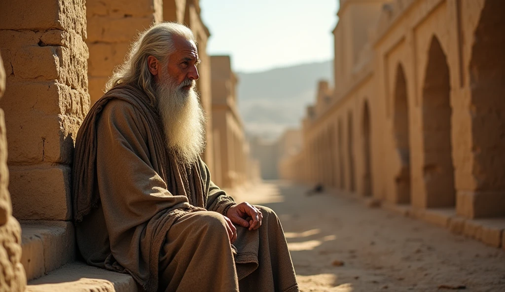 A man with a long white beard and slightly long hair, wearing old clothes and a quilt, and he looks sad in the ancient city of Nineveh.  