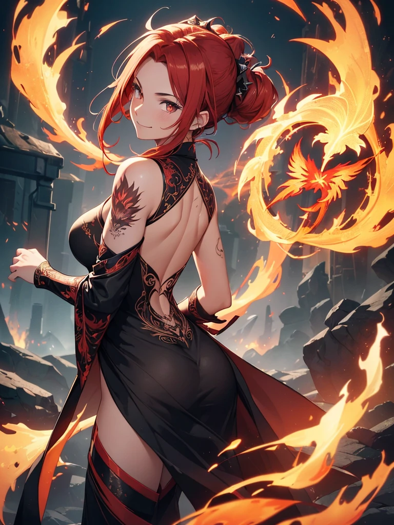 (((best quality, sharp image, clear image, cinematic lighting, 8k resolution, masterpiece, ultra detailed, intricate))) Girl, (((looking over left shoulder))), (shot from behind), ((shot from hip up)), fiery red hair, pigtails, ((intricate black dress)), ((flaming sigils, flaming runes)), spiky rock formations, (flaming lotus flowers frame), (intricate background), (chaotic background), (busy background), ((Phoenix)), (swirling flames), smiling,tatoo on back