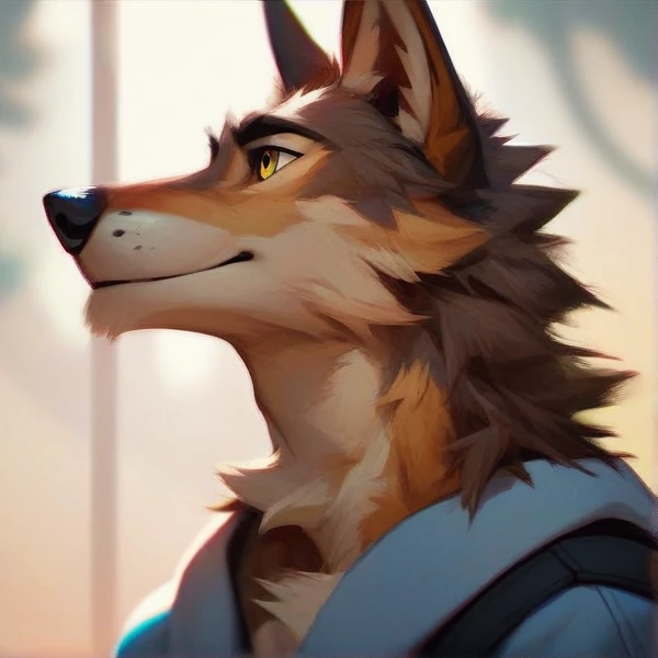 furry, coyote, male, yellow eyes, fluffy, beige fur , head view