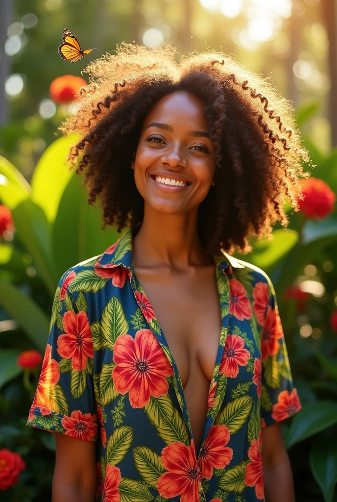 A Brazilian woman in a lush tropical garden, wearing an open shirt with a floral print, with a close-up capturing the harmonious beauty between her breasts and the natural flowers, showing off your natural charm and outgoing personality.