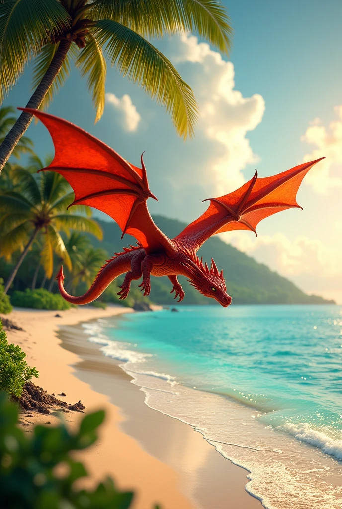 A highly detailed, cinematic scene featuring a majestic red dragon flying over a tropical beach. The dragon's textured scales reflect the warm colors of a sunset, while the beach is surrounded by lush tropical vegetation. The camera captures the vast landscape in a wide-angle shot, with a low, slightly tilted angle that emphasizes the dragon's impressive size. Soft, golden light from the setting sun bathes the entire scene, creating a serene contrast between the vibrant blue water and the warm tones of the sky. The beach and surrounding forest are sharply detailed, with leading lines guiding the viewer’s eye towards the horizon and the flying dragon.