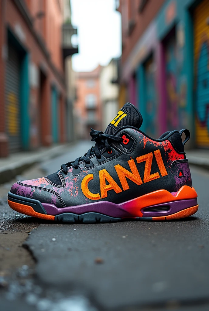 create a photo of a sneaker in the streetwear style written 'Canzi', to use as an example, and I don't have the Nike symbol
