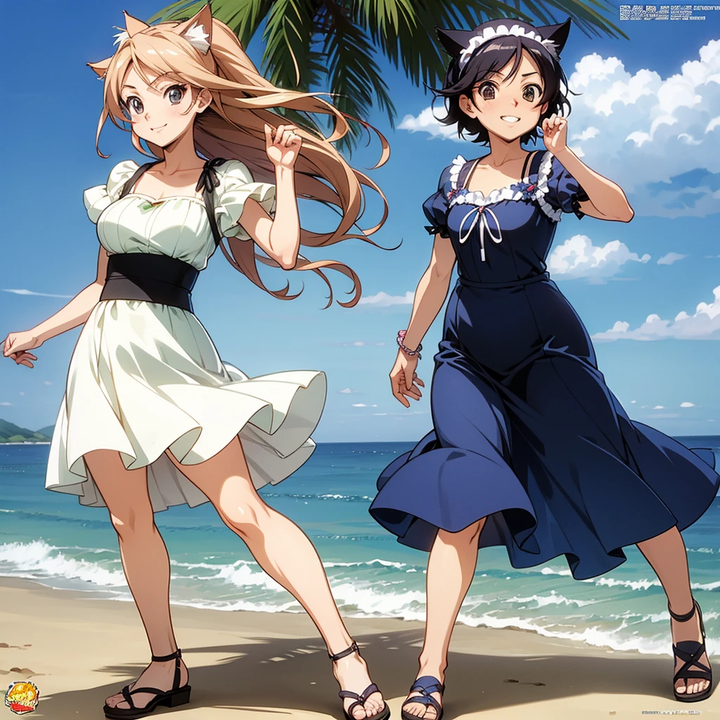 Kōsuke Fujishima style , Anime magazine pinup , cat woman , wide hip , side open summer dress , in the sea side