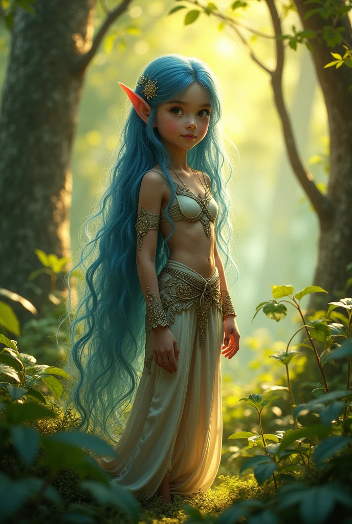 (photorealism:1.2), female half-elf child, standing in forest, wearing  fantasy top, fantasy pants, long blue hair, outdoors, soft lighting, plants in background, facing forward, realistic painting, intricate details, warm colors, by Greg Rutkowski, by Alphonse Mucha