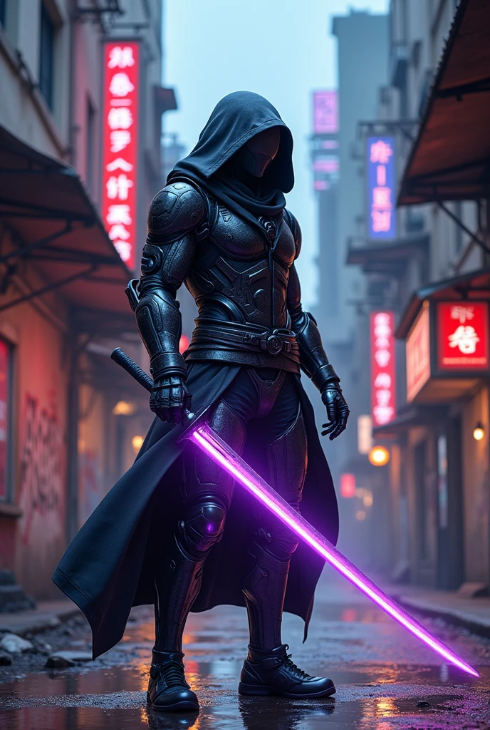 Create a ninja character with a radical hood he is holding a purple sword and his body is robotic