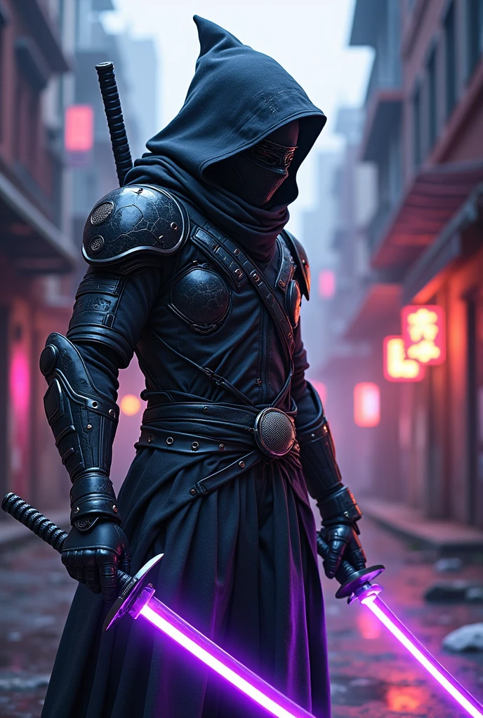 Create a ninja character with a radical hood he is holding a purple sword and his body is robotic 