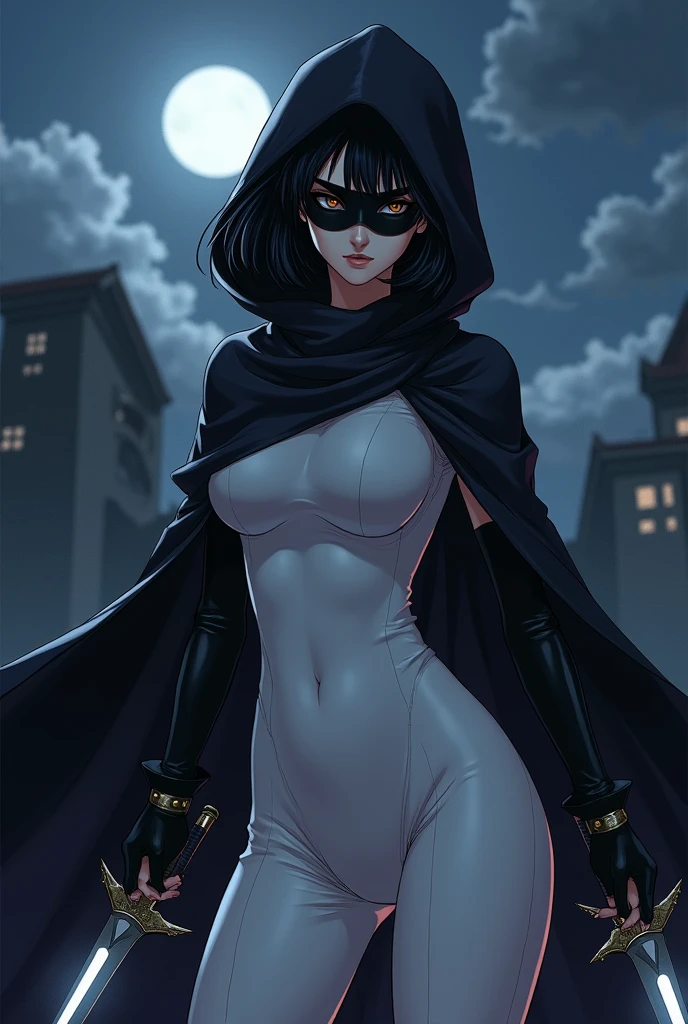 Anime style female rogue with short black hair, white with two ambidextrous daggers and 170 centimeters tall with a cloak and mask