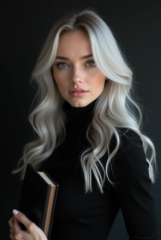 Beautiful Russian girl with white skin, light gray hair below the shoulders, soft, flowing facial features, girl model, dasha taran,  professional photo, 4K, a high resolution, high detail, aesthetically pleasing, Beautiful, realistic, standing straight, looks straight, holds a black book, against the backdrop of a black living room, (highly detailed skin:1.2), 8k contract, SLR camera, very detailed face, artistic composition, photo,
