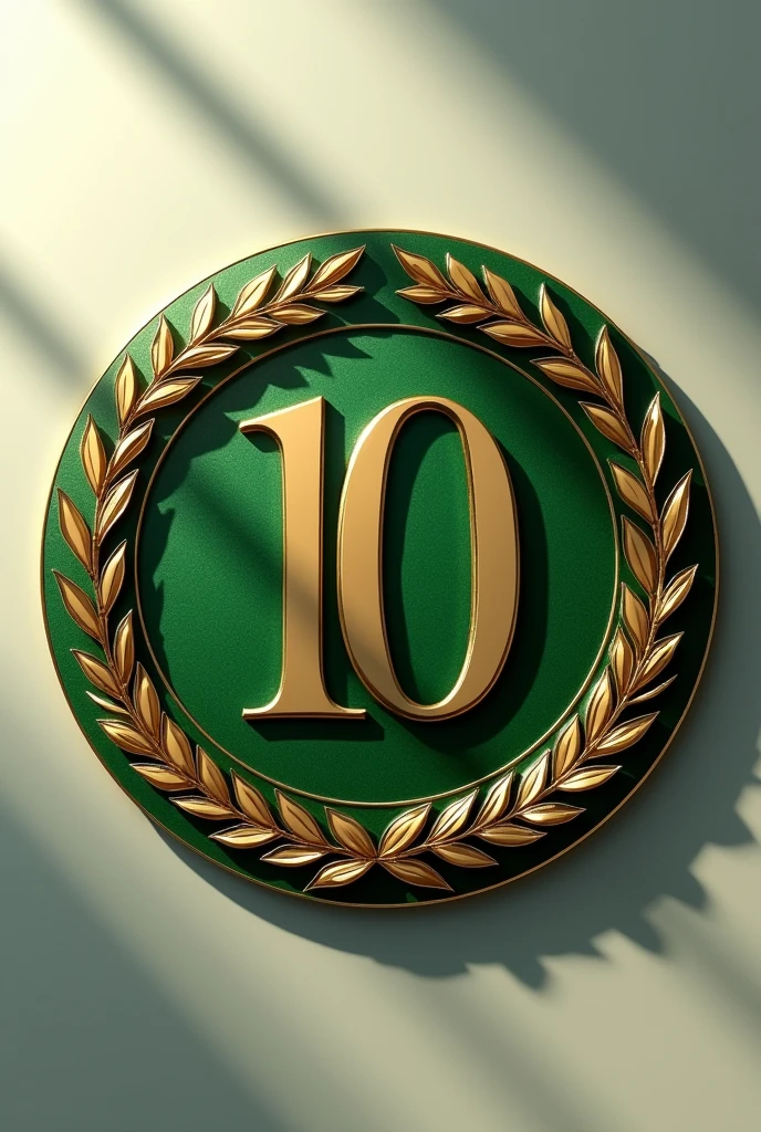 A mockup of a gold and green circular emblem, with number 10 centered, with leaf arabesques, seen from the front