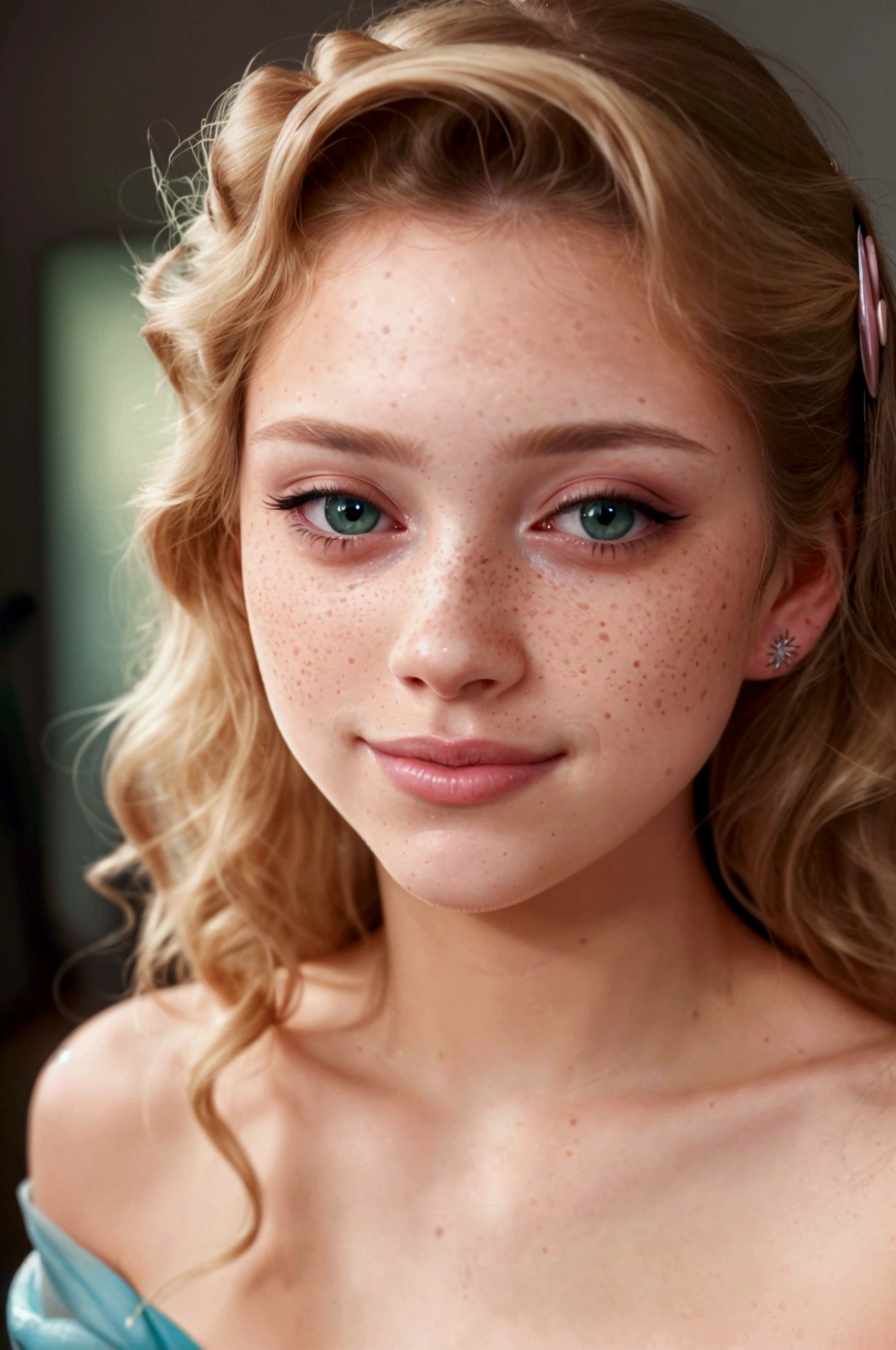((work of art, 8k, best qualityer, high resolution:1.3)), (A portrait of a beautiful 19-year-old woman with curly hair, dirty blonde hair:1.2), (His face is adorned with freckles:1.2), (Her eyes are detailed and green:1.2), (Her lips are detailed and subtly made up:1.2), (She is in a studio with vibrant colors:1.2), (The lighting is soft and flattering:1.2), (Her expression is thoughtful and graceful:1.2), (Her pose is elegant and feminine:1.2), (Her features are delicate and refined:1.2), (Her makeup is subtle and enhances her natural beauty:1.2), (the photo has a bokeh effect with a Shallow depth of field:1.2), (She has a subtle smile and rosy cheeks:1.2), (The overall feel is airy and artistic:1.2), (Canon EOS 5DS R Camera, perfect for capturing the details and beauty of the scene:1.2), (paired with the Canon EF 85mm f/1.Lente 4L IS USM:1.2), (The scene is lit with soft, studio lighting:1.2), (Her serene and thoughtful expression showcasing her natural elegance:1.2), (A moment frozen in time, Capturing the essence of youthful beauty and grace:1.3), (ultra photoreal, Highlighting her features and the artistic environment of the studio:1.3), (An image that transports the viewer to a captivating and serene moment:1.2), (A scene that exemplifies the beauty of a young woman in a refined environment:1.2), cinematic, 超detailded, insane details, beautifully color-graded, cinematic lightning, Insanely detailed and intricate, Hyper maximalist, Volumetric, full color, HDR, Shallow depth of field, high budget Hollywood movie, cinemascope, temperamental, epic, marvelous