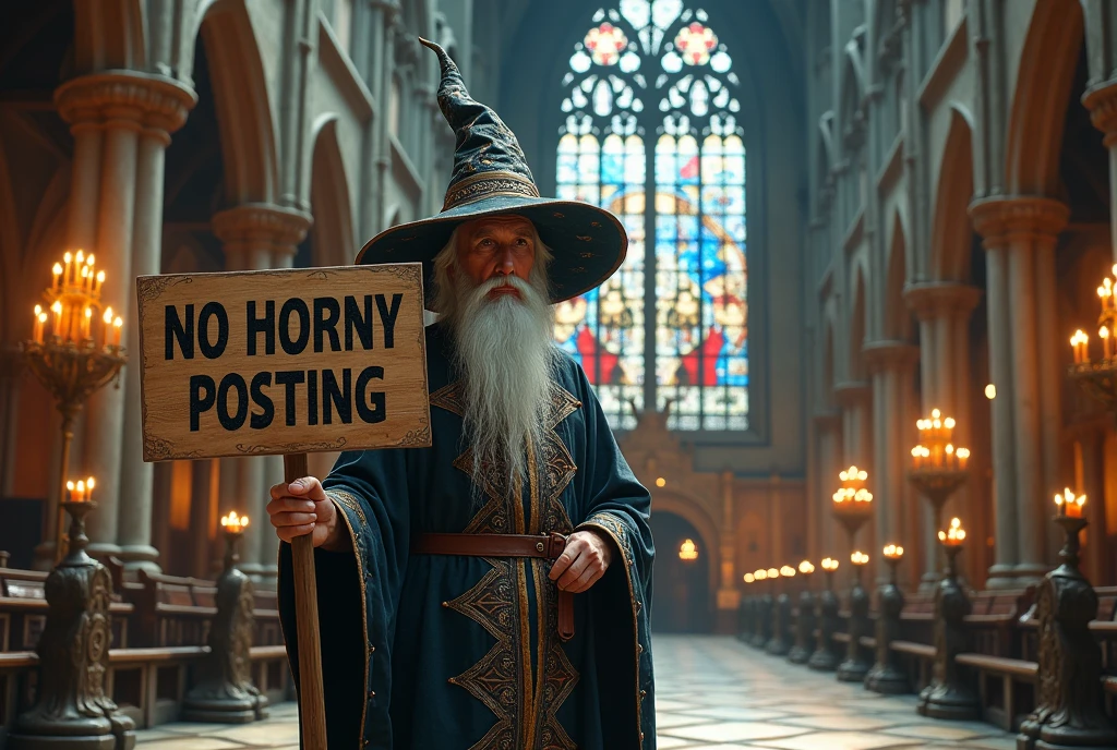 Fantasy, A wizard stands in a cathedral holding a sign saying "no horny posting"