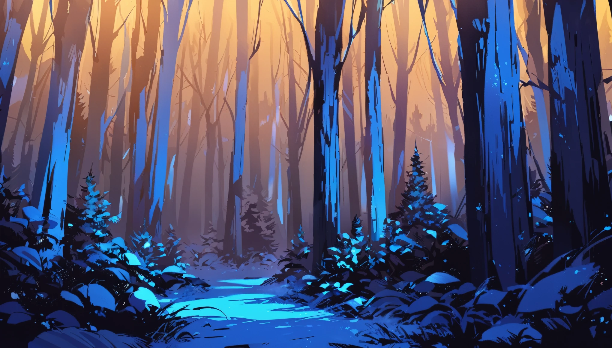 A dark pine forest at night, dense, blue colors, night