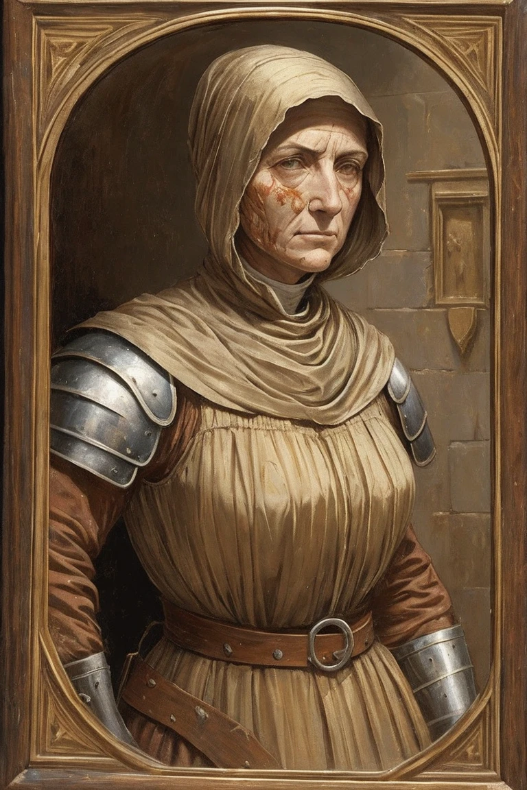 a painting of a middle-aged medieval woman, gaunt, collarbone wrapped in yellowing bandages, wearing dirty knight armor, bandages covered in dried blood and puss, disgusting, defiant fleeting eyes, in pain, old bandages tight, mended armor plates over chest, mended knight, short ratty hair covering face, dirty face and clothes, sneering, face is visible, hair, lips