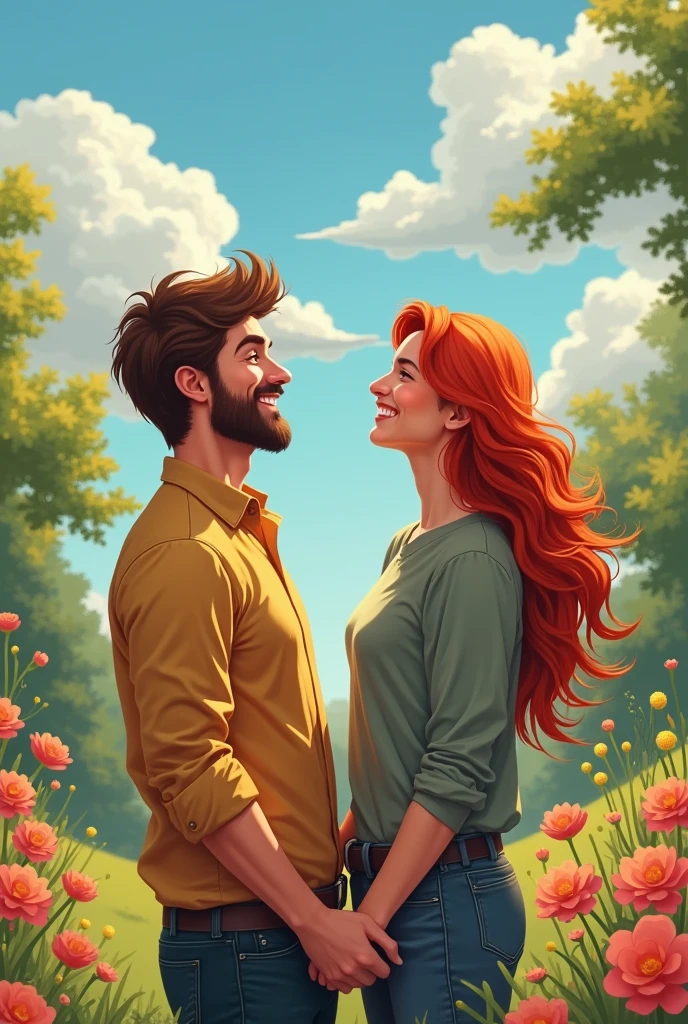 A red-haired man with his male partner with long, wavy brown hair by his side 