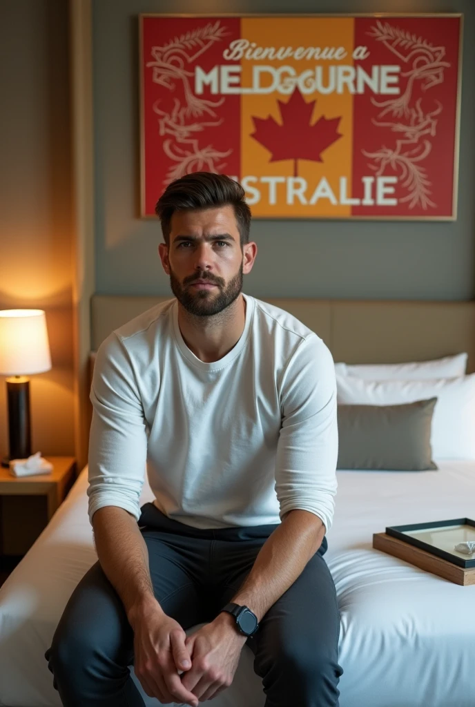 Homme caucasien grand de taille, charmant, un peu costaud, habillé en pantalon et tee-shirt manche longue, un homme dans une grande chambre d'hôtel, bien assis sur le lit ou sur le bord du lit le regard droit et fixé en avant en étant assis sur le lit dans une grande chambre d'hôtel et à côté du lit ou devant le lit il faut qu'il y ait UNE TABLE et sur la table à côté du lit ou devant le lit il faut qu'il y ait un papier mouchoir déjà utilisé sur la table et sur le lit de l'hôtel qu'il soit déposer un cadre photo grand ou un peu grand qu'il est possible de FAIRE ARRÊTER sur le lit et faire face à la caméra et sur le mur du chevet du lit un tableau sur lequel il est écrit en français : Bienvenue à Melbourne AUSTRALIE et autour de la phrase qu'il y ait les emblèmes du Canada Québec ou le drapeau du Canada Québec