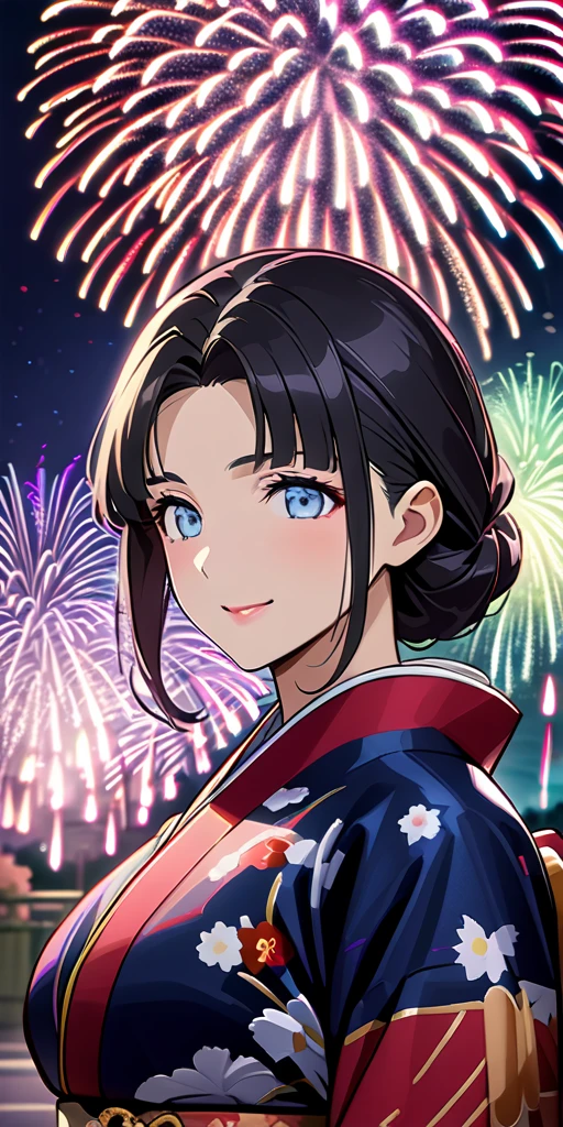 ((Highest quality、masterpiece、anime style、best quality、high resolution、8k、detailed、ultra-detailed:1.3))、Long legs:1.2, Beautiful woman with perfect figure:1.4、(Smiling:1.2), double eyelid、30-year-old female、((((One Woman,beautiful face,Beautiful face、Japanes,Japan,fireworks、asakusa、kimono、 night,upper body:1.5)))),Big Breasts、High resolution, accurate, Anatomically correct, Winner of numerous awards, High-resolution model, high quality, Very detailed, Ultra high definition, Textured skin