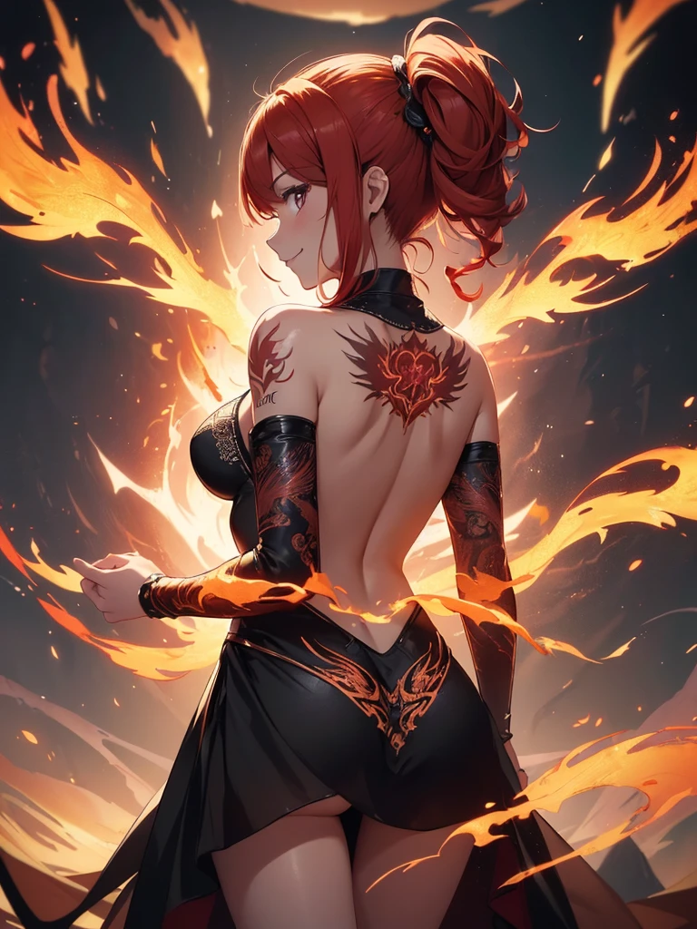 (((best quality, sharp image, clear image, cinematic lighting, 8k resolution, masterpiece, ultra detailed, intricate))) Girl, (((looking over left shoulder))), (shot from behind), ((shot from hip up)), fiery red hair, pigtails, ((intricate black dress)), ((flaming sigils, flaming runes)), spiky rock formations, (flaming lotus flowers frame), (intricate background), (chaotic background), (busy background), ((Phoenix)), (swirling flames), smiling,tatoo on back