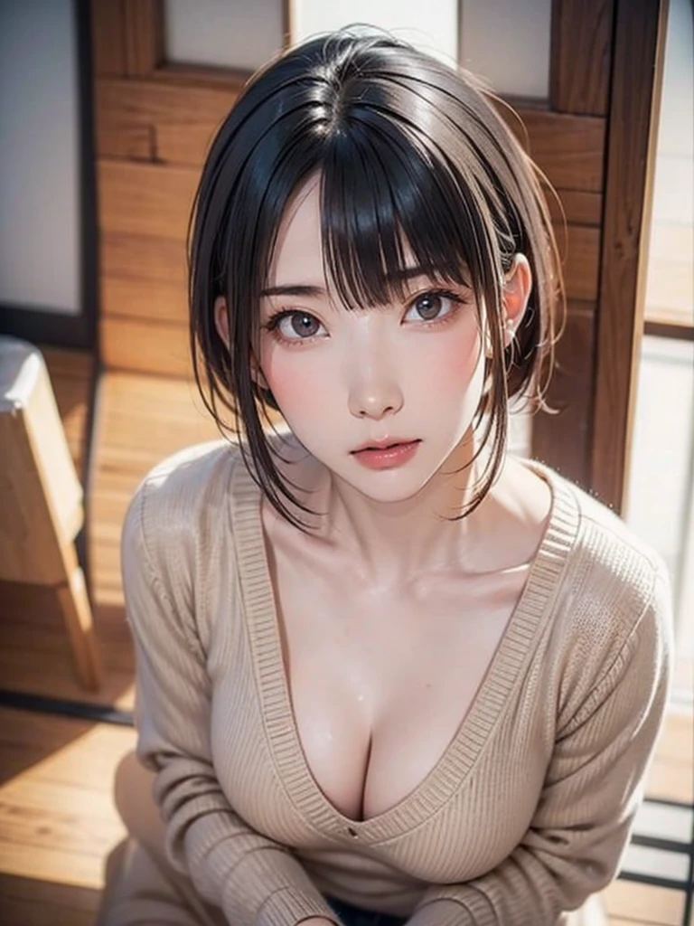 Realistic, Like the picture, Tabletop, Highest quality, RAW Photos, One Girl, alone, short hair, Brown Hair, Detailed face, Attractive face, Beige virgin sweater, breasts apart, Dynamic pose, (((from above, looking up at viewer:1.2))), From below, Detailed Background, Fine details, Intricate details, Ray Tracing, Depth of written boundary, Low Key, Hmph, Japanese