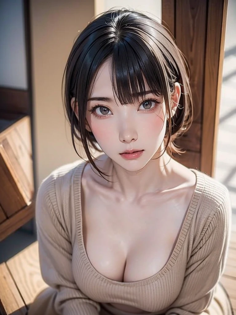 Realistic, Like the picture, Tabletop, Highest quality, RAW Photos, One Girl, alone, short hair, Brown Hair, Detailed face, Attractive face, Beige virgin sweater, breasts apart, Dynamic pose, (((from above, looking up at viewer:1.2))), From below, Detailed Background, Fine details, Intricate details, Ray Tracing, Depth of written boundary, Low Key, Hmph, Japanese