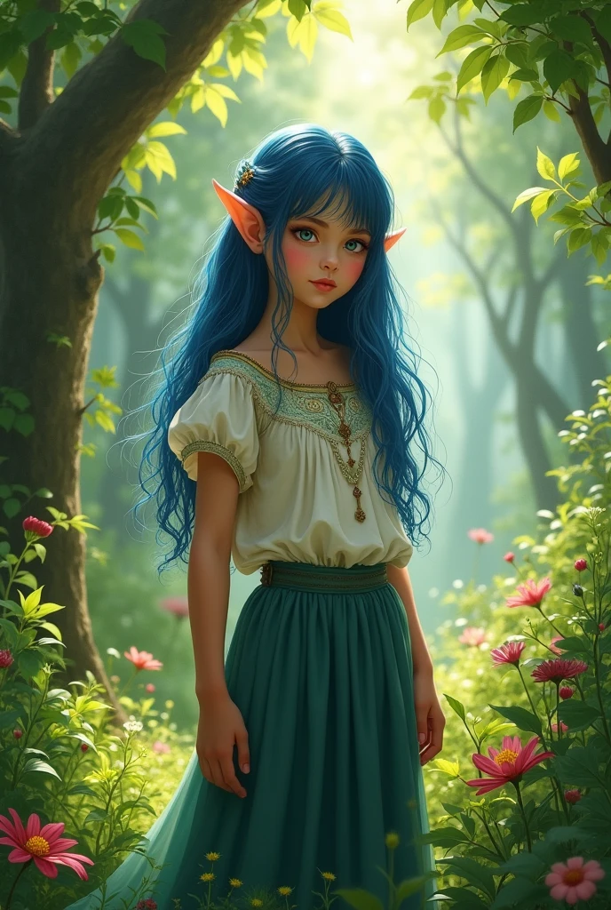 (photorealism:1.2), female young child, standing in forest, wearing modest fantasy top, fantasy pants, long blue hair, outdoors, soft lighting, plants in background, facing forward, realistic painting, intricate details, warm colors, by Greg Rutkowski, by Alphonse Mucha