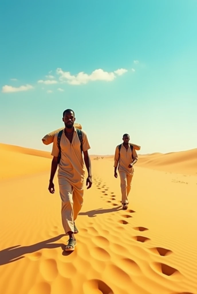 Somalis 25 years old wearing a shirts and a trousers immigrating in a desert