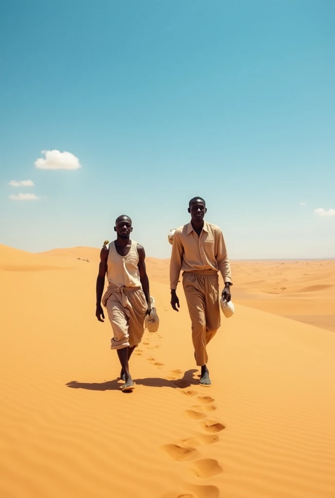 Somalis 25 years old wearing a shirts and a trousers immigrating in a desert