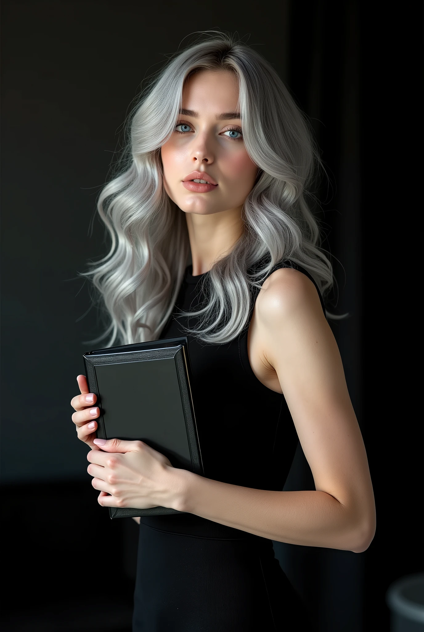 Beautiful Russian girl with white skin, light gray hair below the shoulders, soft, flowing facial features, girl model, dasha taran,  professional photo, 4K, a high resolution, high detail, aesthetically pleasing, Beautiful, realistic, standing straight, looks straight, holds a black book, against the backdrop of a black living room, (highly detailed skin:1.2), 8k contract, SLR camera, very detailed face, artistic composition, photo,